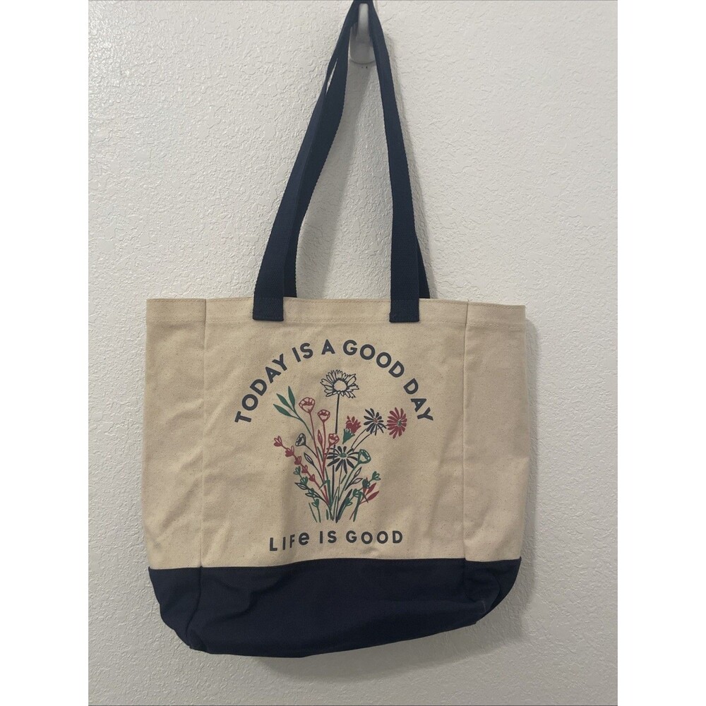 LIFE IS GOOD Heavy Cotton Navy Blue & Off White Botanical Flowers Work Bag Tote